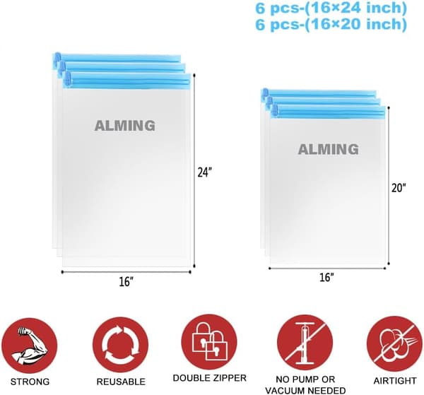 Compression Bags - Travel Essentials 12-Pack, Space-Saving, No Vacuum or Pump Needed, Storage Accessories and Home Organizer
