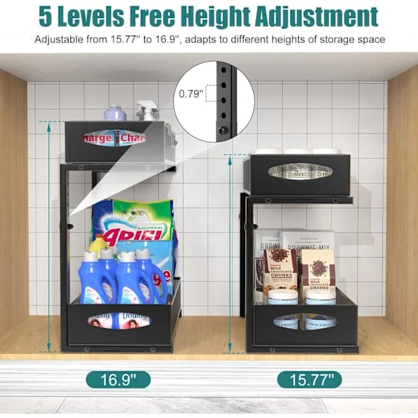 HA~Metal Storage Under Sink, 2-Tier Pull-Out Kitchen Shelf Under Sink with Adjustable Height, Under Sink Organizer