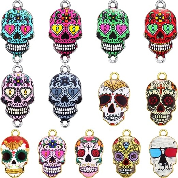 130 stk Halloween Sukkerskalle Charms Dødedag Charms Forgyldt Blomst Skalle Charms 13 Farve Emalleret Skalle Pend