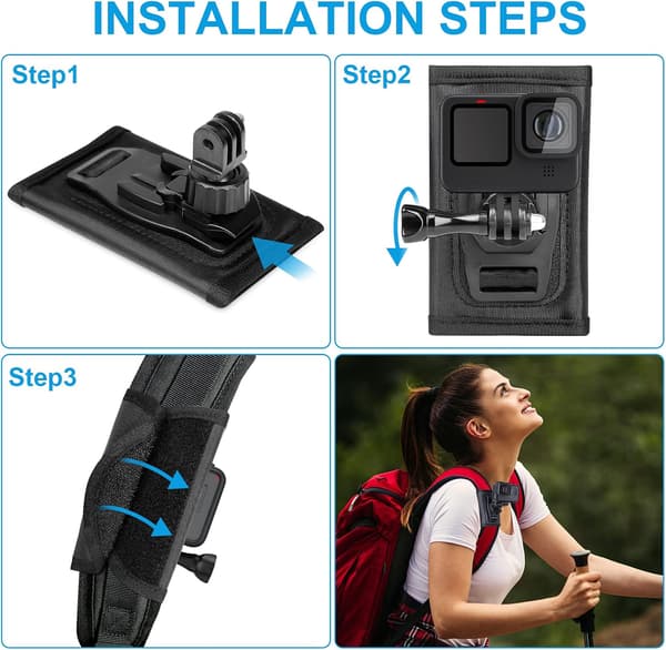 Backpack Shoulder Strap Mount Compatible with Gopro Hero 11 / 10 / 9 / 8 / 7 / 6 DJI Osmo Action insta360 Camera Backpack 360° Rotatable Mount