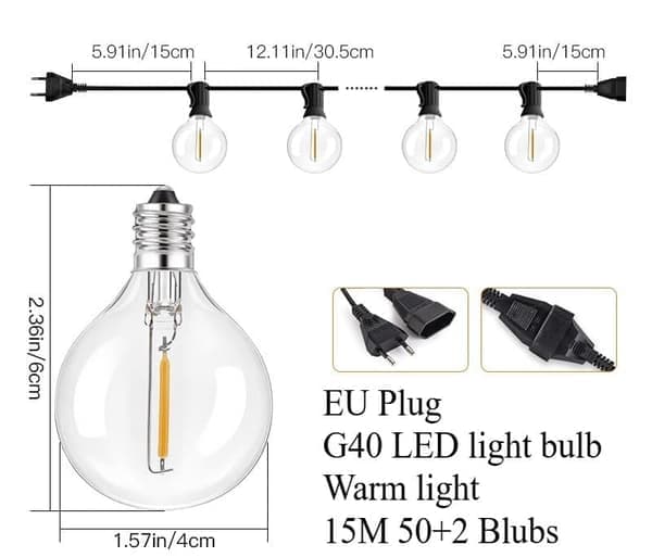 LED String Lights Outdoor 3/7.6/9/15/22/30m – Waterproof String Lights with G40 Bulbs for Garden & Patio