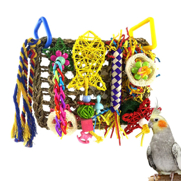 Fuglelegetøj, væglegetøj til foder, spiseligt havgræsvævet klatrehængekøjemåtte med farverigt tyggelegetøj, velegnet til dværgpapegøjer, finke, parakitter