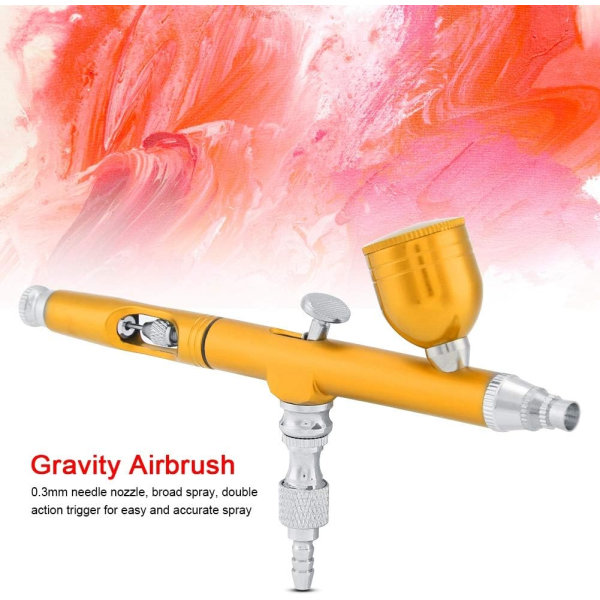 Airbrush Kit, Allsidig Gravity Feed Dual Action Paint Spray Gun Sett, 7CC Kapasitet, 0,3 mm, Spray Kit Verktøy for tatovering Nail Design, Painting Art (gull)