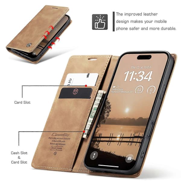 CASEME 013-serien PU-läder plånboksfodral med stativ för iPhone 17 Pro Max (brun, brun)