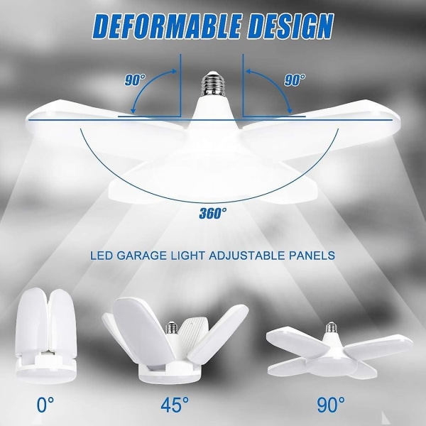 60w E27 garagelampa, kall vit 6500k 5500lm deformerbar verkstadslampa med 4 justerbara paneler, led takbelysning, för garage, lager, gym