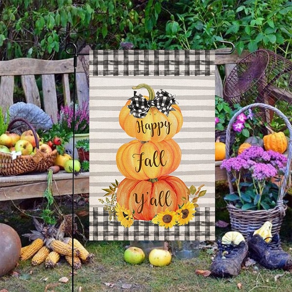 12x18 Tum Happy Fall Trädgårdsflagga Dubbelsidig Buffalo Plaid Solros Pumpor Thanksgiving Trädgårdsflagga Höst Halloween