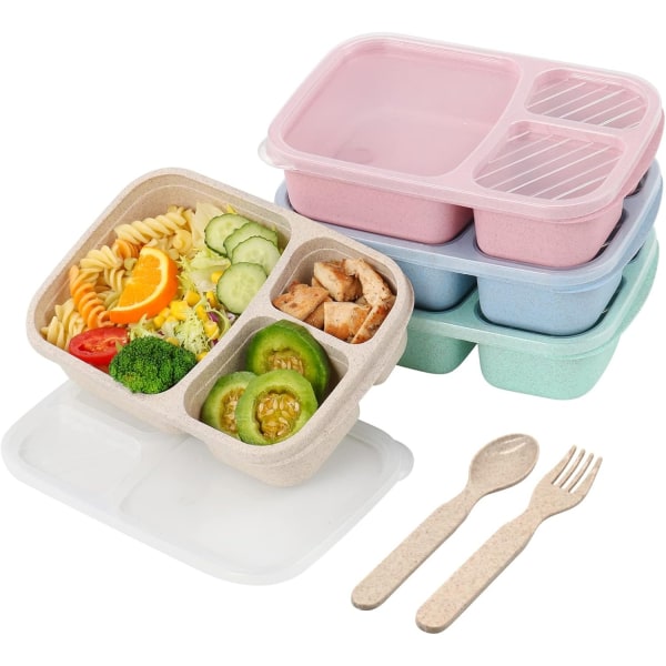 4-pak Bento madpakke, 3 rum til madlavningsbeholdere, madkassebeholdere til børn, voksne, slidstærkt genanvendeligt plastikmad