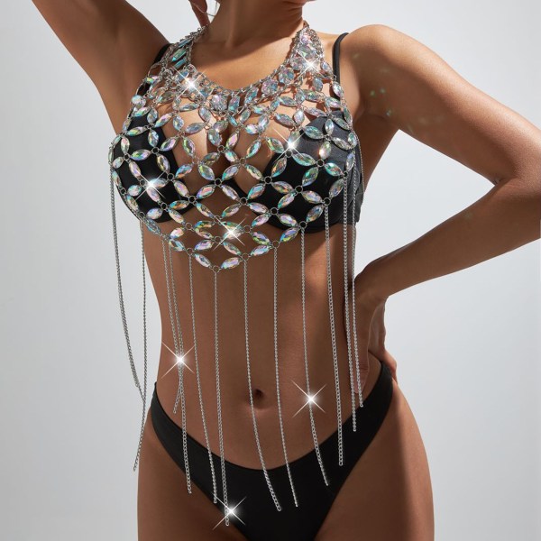 Sexig rygglös linne för damer BH Body Chain Halsband Tofsar Personlig kroppskläder Kedja Tofs Strålande hjärtformad kroppskedja
