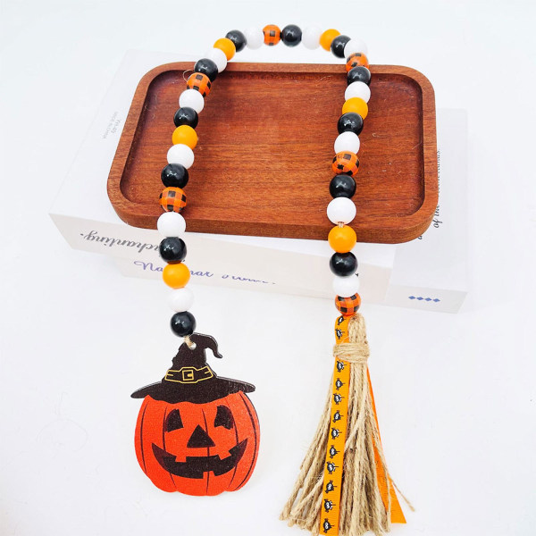 Halloween-pynt med treperler og frynser, gresskar og skummel skål, landlig stil C
