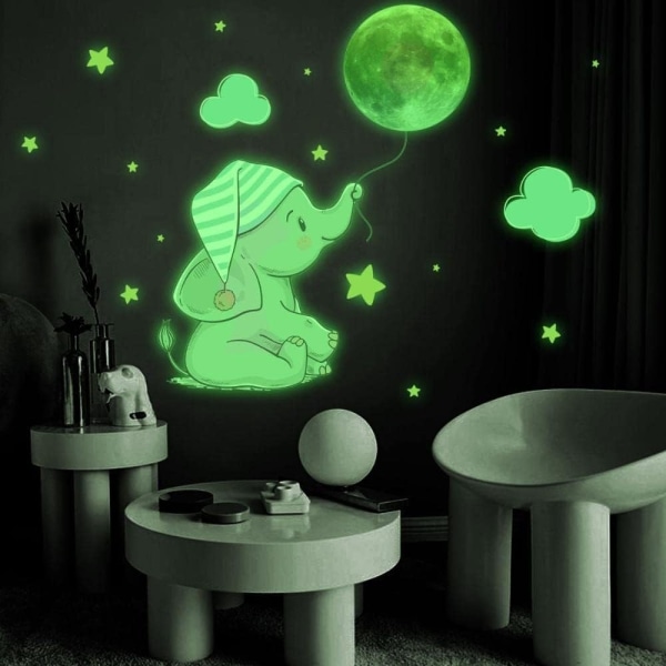 Tecknade elefantväggklistermärken självlysande elefantmåneklistermärken Glow in the Dark Elefantklistermärken för barnrum i sovrummet