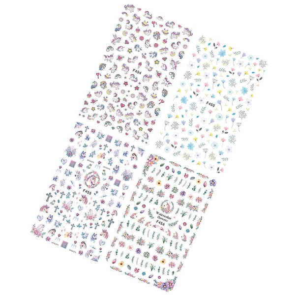 4 Ark Unikorn Gennemsigtige Blomster Nail Stickers Dekaler 3d Tynde Nail Art Stickers Selvklæbende Nail Tips Dekorationer Elegant Manicure Nail A