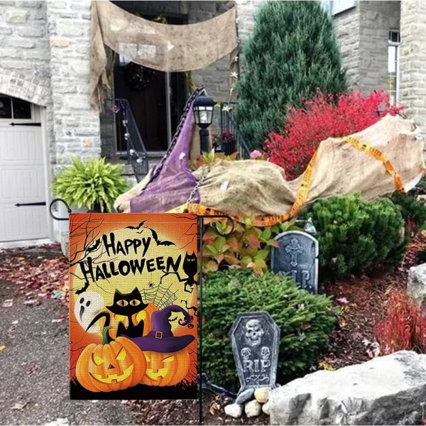 Halloween Græskar Haveflag Glad Halloween Havedekorationer 12 * 18 Dobbeltsidet Burlap Lodret Sort Kat Spøgelse