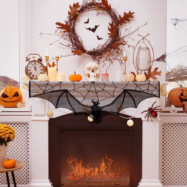 Halloween Svart Spets Spindelnät - 2 st Fladdermus Fönstergardin  Mantel Scarfsöverdrag för Hem Dörr Kök Badrum Festlig Par