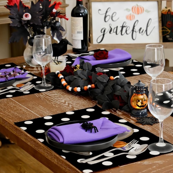 Halloween Bordløbere Sæt af 4, Græskar Spooky Spøgelse Sæsonmæssig Burlap Polka Dots Farmhouse Indendørs Køkken Spisestue Bord Deko