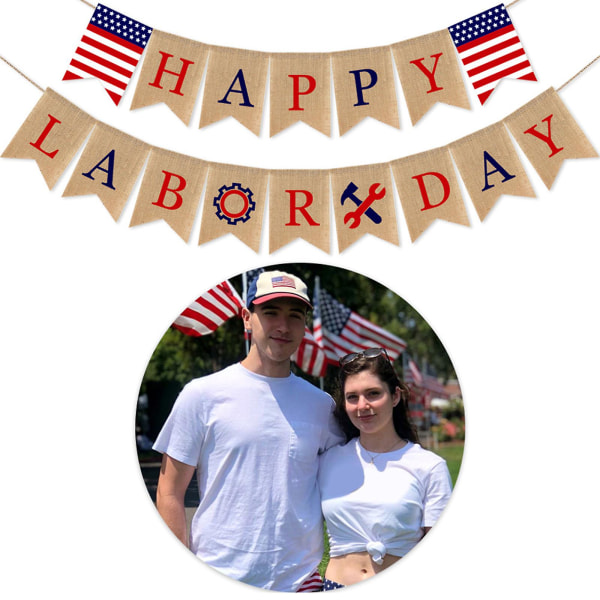 Burlap Glad Labor Day-banderoll Minnesmärke Rustik Mantel Spis Dekoration Banderoll
