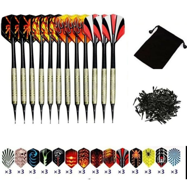 Mjuka Dartset 12-pack med 4 Färgade Plastpilar, Extra Fjädrar, Spetsar och Fjäder Skydd