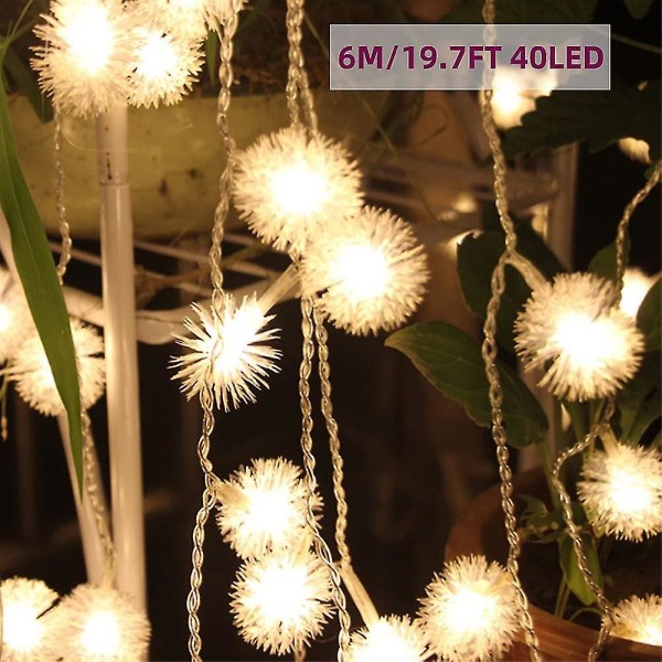 Led String Lights, 6m/19.7ft 40led batteridrevet Furry Snowball Mælkebøtte Jul Fairy String Lighting