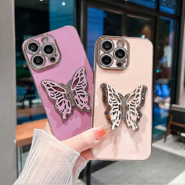 Deksler til iPhone 16 Pro Max Sommerfuglstativ TPU Galvanisert Telefondeksel - Rosa