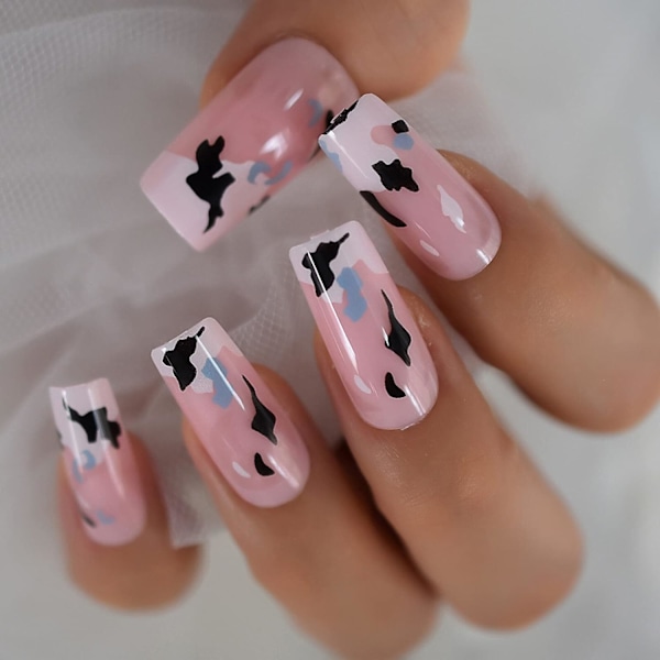 Løsnegler Design Trykk På Negler Rosa Firkant Lange Ku Mønster Full Dekning Negl Nagel Tips For Kvinner Jenter