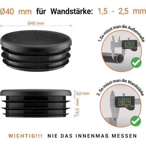 Runda 40 mm svarta ändlock, 4 stycken, runda rörlock, 4 cm rörändlock