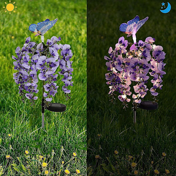 Wisteria-kukkaköynnöksen perhonen aurinkovalot - Moniväriset vaihtuvat LED-valot puutarhaan, terassille, pihalle ja polulle (violetti)