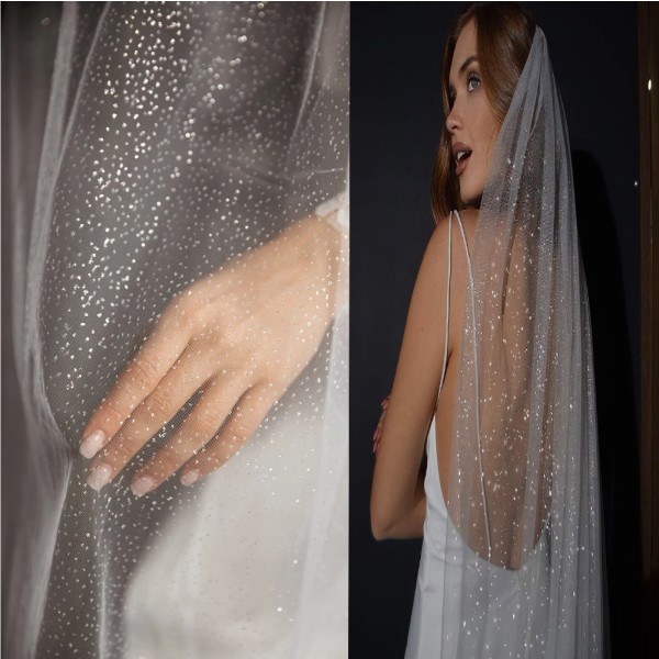 1-lags Glitter Brudens Bryllupsslør Fingerspids polterabendslør Gnistrende brudeslør til kvinder og piger (elfenben 100 cm)