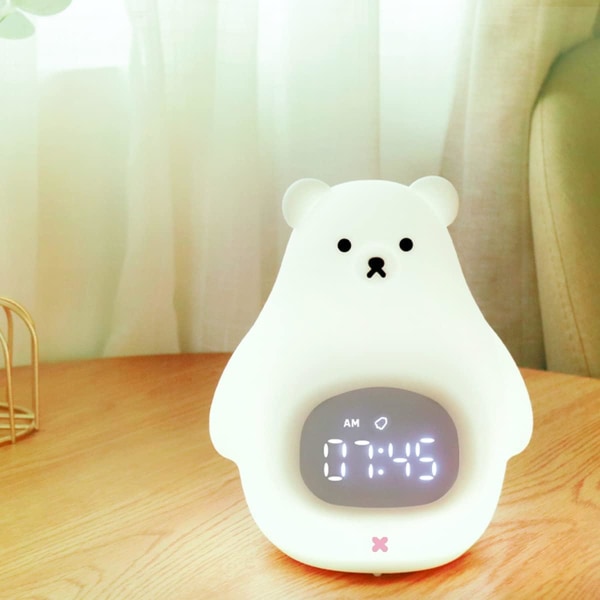 Söt stor vit björn Nattljus väckarklocka med tidsdisplay Justerbar ljusstyrka USB laddning Barnpresenter Lämplig för Chi