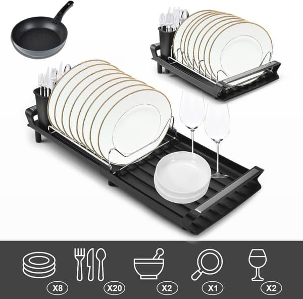 Stainless Steel Dish Drying Rack with Extendable Drainboard, Single Tier with Removable Cutlery Holder (Black)
