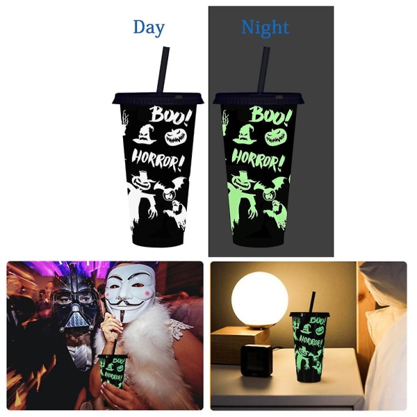 Halloween Straw Cup med Lopp, Gjenbrukbar Plastkopp, Lysende Drikkkopp