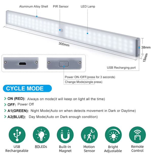 Remote Control Wardrobe Light Rechargeable Magnetic Dimmable Light Strip