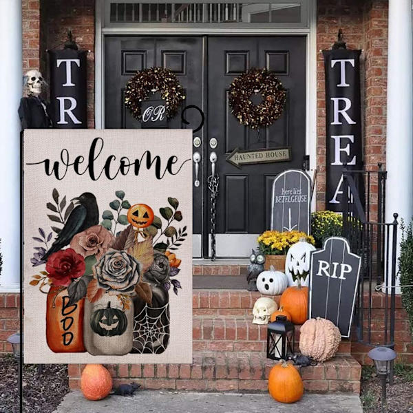 Halloween Tervetuloa Puutarhalippu Kukallinen Kaksipuolinen  Maalaistalon Piha Kausiluonteinen Loma Ulkokoriste 12×18 Tuumaa