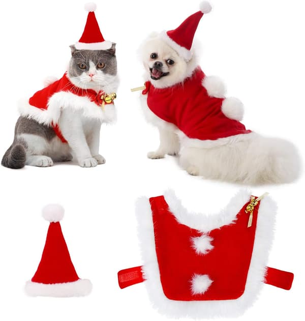 Justerbart sødt julemandskostume til kat, julekostume til kæledyr