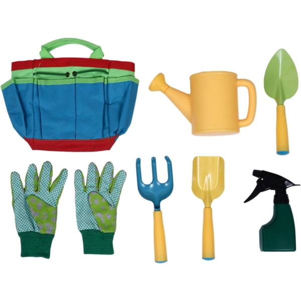 Set med 7 trädgårdsredskap för barn - spade, ras, gaffel, handskar, vattenkanna och kroppsväska, trädgårdsredskap för barn - utomhusleksak