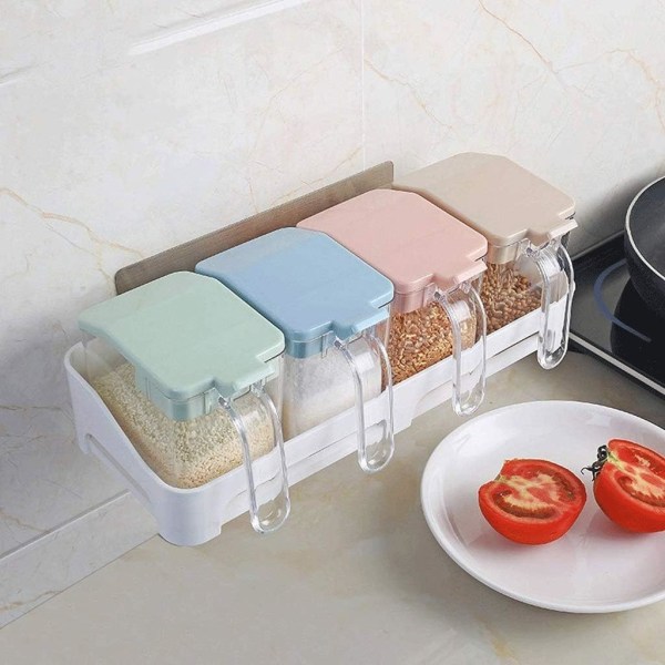 Väggmonterad Kryddlåda - Set med kryddor för kök - 4 serveringsskedar - Kryddflaska Set