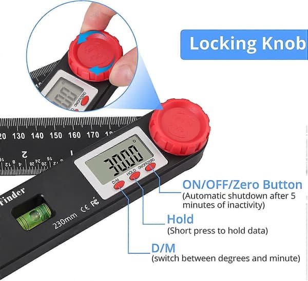 Digital Angle Gauge, 7 inch Spirit Level, Protractor, Angle Meter, Multifunctional Protractor, 3 Bubble Levels, H