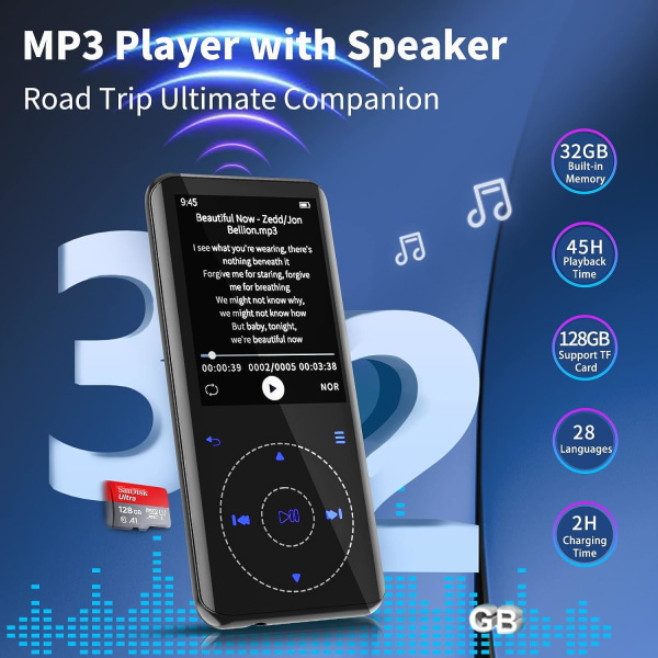 32 Gt Bluetooth MP3-soitin: kannettava musiikkisoitin kaiuttimilla, FM-radio, tallennin, HD-häviötön digitaalinen ääni