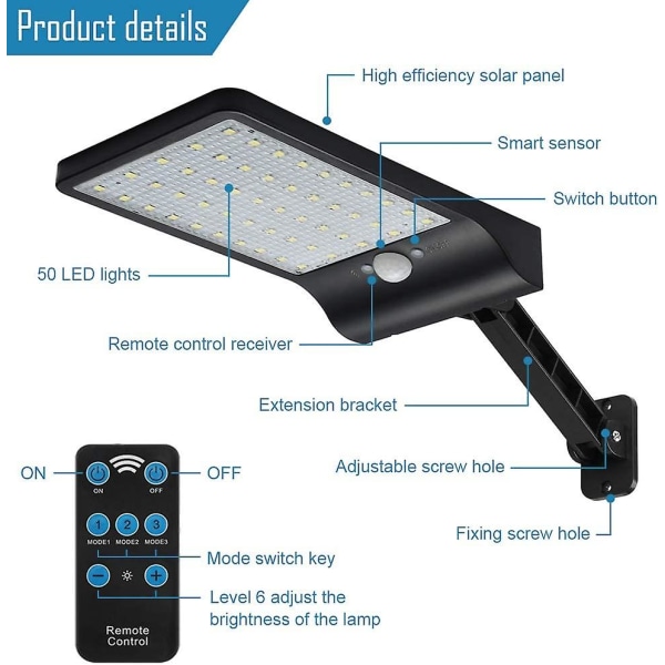 50 Led 450lm Aurinkoenergialla Toimiva Ulkovalaistus Vedenkestävä Ip65, Kaukosäätimellä Varustettu Led-seinävalaisin, Langaton Aurinkoenergialla Toimiva Turvavalaistus Puutarhaan, Autotalliin, Pihalle, Portaisiin, Polulle