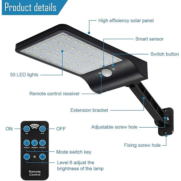 50 LED 450lm Solcellslampor Utomhus Vattentät IP65, Fjärrkontroll LED Vägglampa, Trådlösa Solcells Säkerhetslampor För Trädgård, Garage, Gräsmatta, Trappor, Pat
