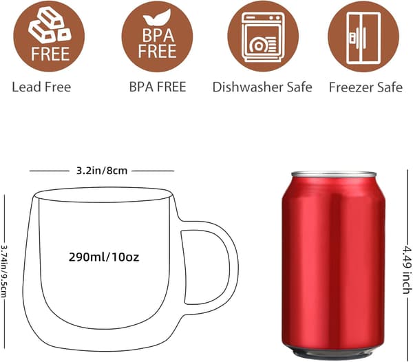 10 oz dobbeltvæggede glaskaffekrus (2-pak), gennemsigtige med håndtag, perfekte til servering af latte, te og espresso.