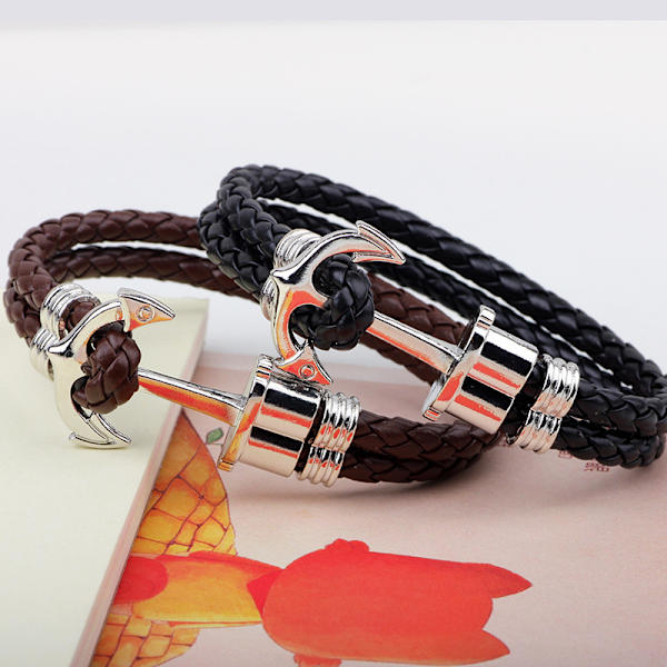 2 stk. Anker Armbånd til Mænd, Vegan Læder og Rustfrit Stål, Anker Armbåndsmodel, Sølvfarvet Rustfrit Stål Armbånd og Vegan Læder