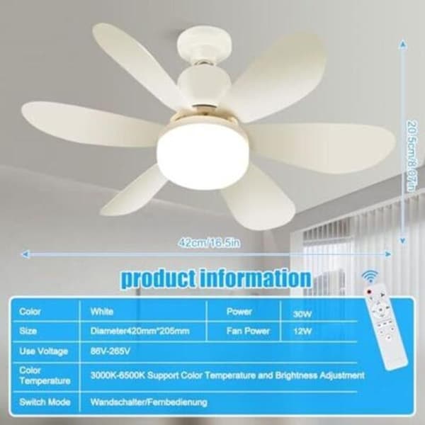 Ceiling fan with light, quiet LED ceiling fan, with light and remote control, 3 dimmable modes, 3 wind speeds