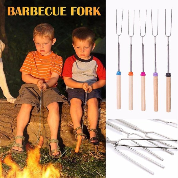 Bbq Fork Telescopic U-shape Wooden Handle Barbecue Stick 5pcsdish Scrubber Scale Coffee Bar Accessor