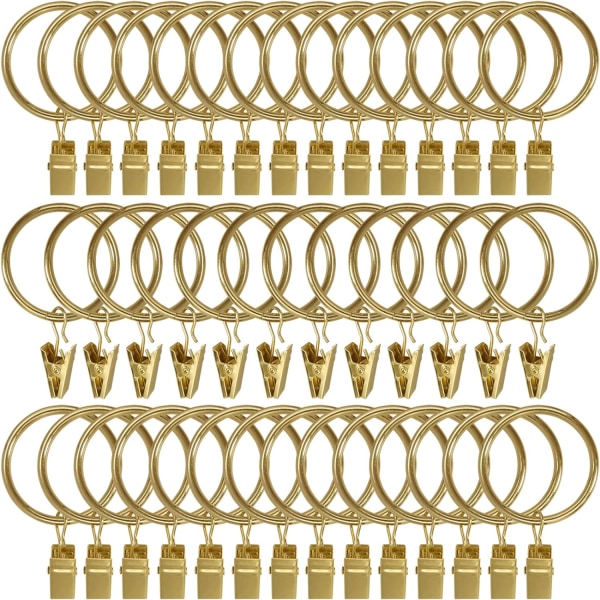 40 Pak Metal Gardinringe med Klips, Gardinkroge, Dekorative Gardinstangs Kroge, 1,5\" Indre Diameter Øjer, Anti-Rust Belægning Guld Farve