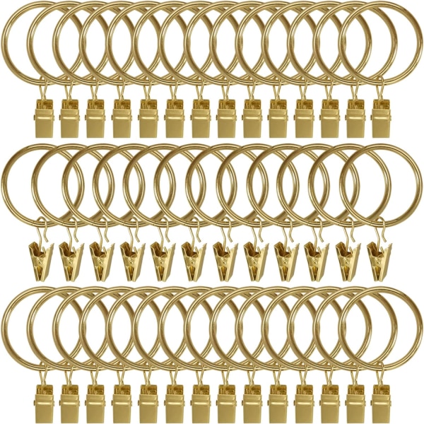 40-pak metalgardinringe med clips, gardinkroge, dekorative gardinstangskroge, 1,5" indvendige tyller, anti-rustbelægning guldfarve
