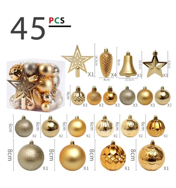 45-delt (guld) julekugler, indendørs julepynt rød