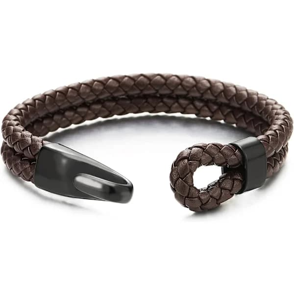 Dobbeltflettet læderarmbånd til mænd og kvinder, sort rustfrit stål krog lukning, til både mænd og kvinder