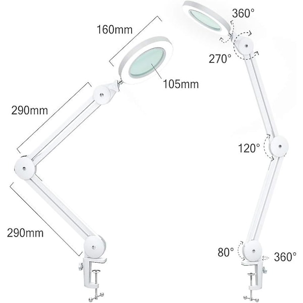 Forstørrelseslampe - Lupe med 5 diopter lys - Med klemme, svingarm, dimbar, 3 fargemoduser, 105 mm glasslinse - Lys for lesing, håndverk - 5x