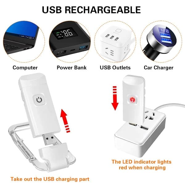 Portable USB Rechargeable LED Book Light with Clip for Reading in Bed, Adjustable Brightness, Dimmable Bookmark Lamp (White)