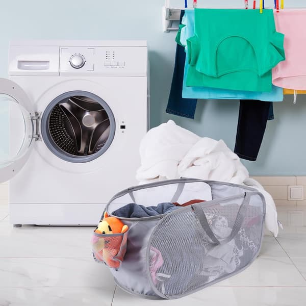 Large Foldable Mesh Laundry Hamper, Collapsible Laundry Basket with Side Pocket, Removable Clothes Storage Bin with Handles for Laundry Room, Bathroom