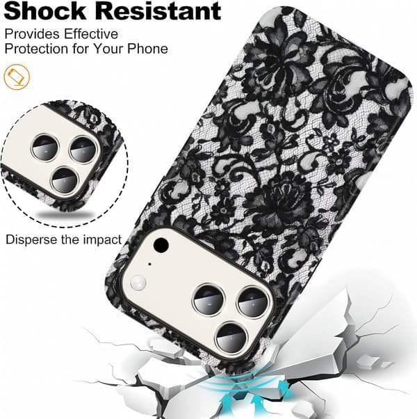 A beautiful black lace pattern case, silicone compatible, suitable for 17 Pro 6.3 inches, shockproof.